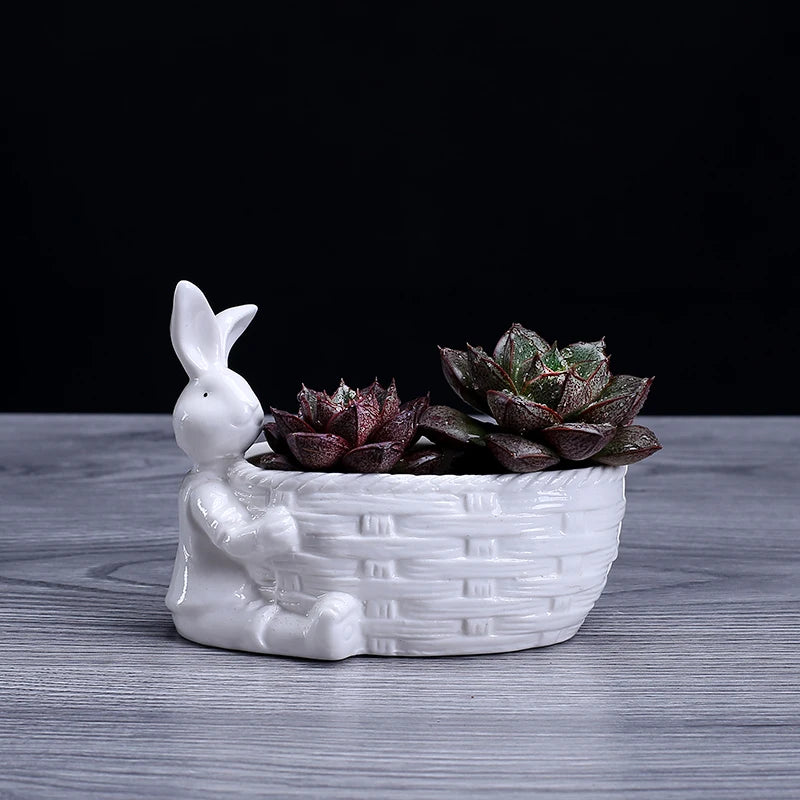 Porcelain Bunny Figurine Succulent Plant Pot Decorative Desktop Ceramics Rabbit Flower Planter Garden Ornament Craft Accessories