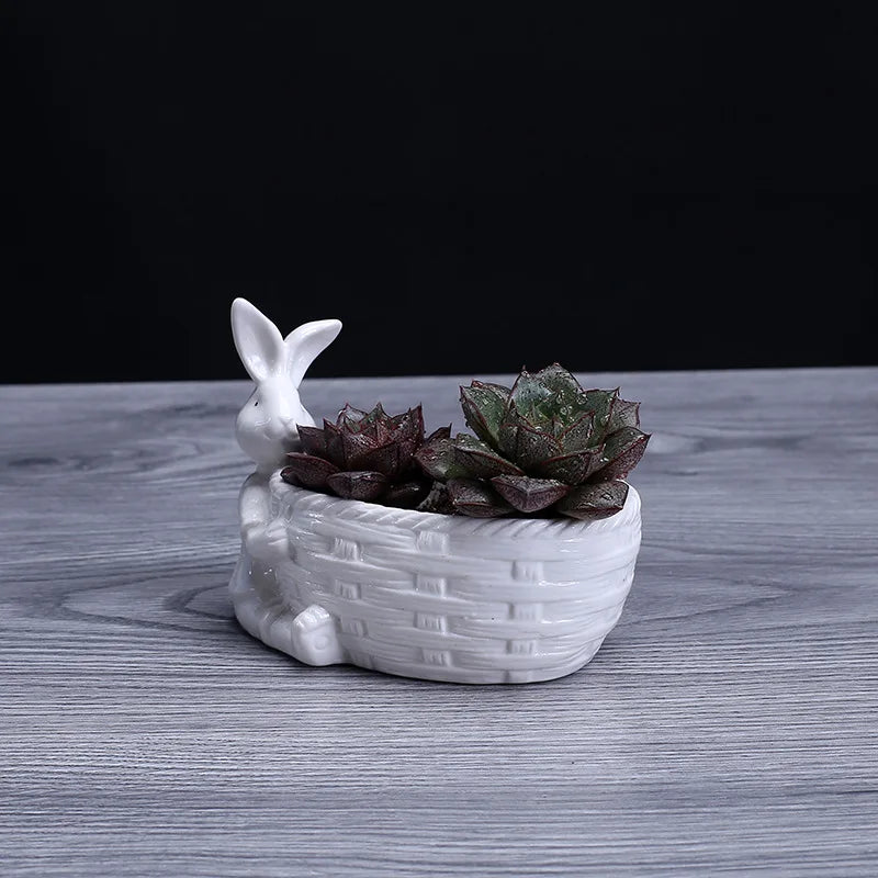 Porcelain Bunny Figurine Succulent Plant Pot Decorative Desktop Ceramics Rabbit Flower Planter Garden Ornament Craft Accessories