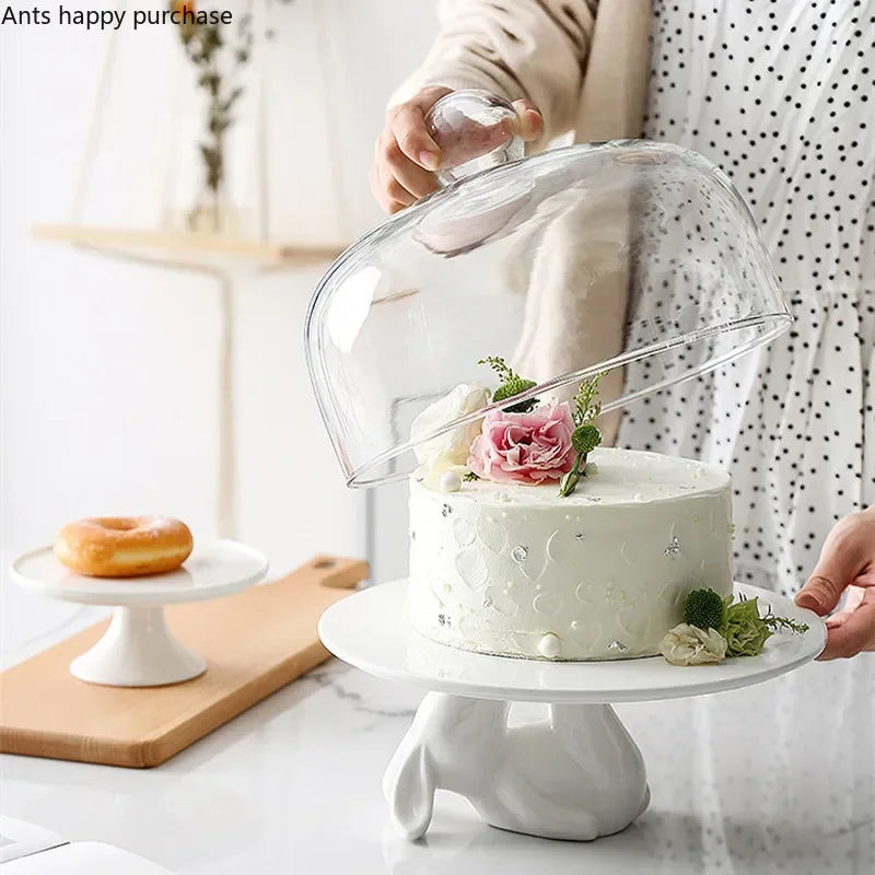 Rabbit Fruit Tray Ceramic Cake Pan with Glass Cover Afternoon Tea Rabbit Fruit Tray Ceramic Cake Pan with Glass Cover Afternoon Tea